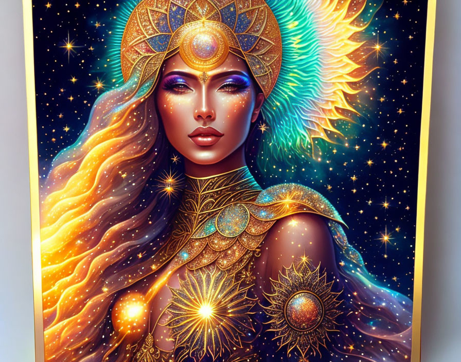 Celestial-themed mystical woman with golden adornments and cosmic background