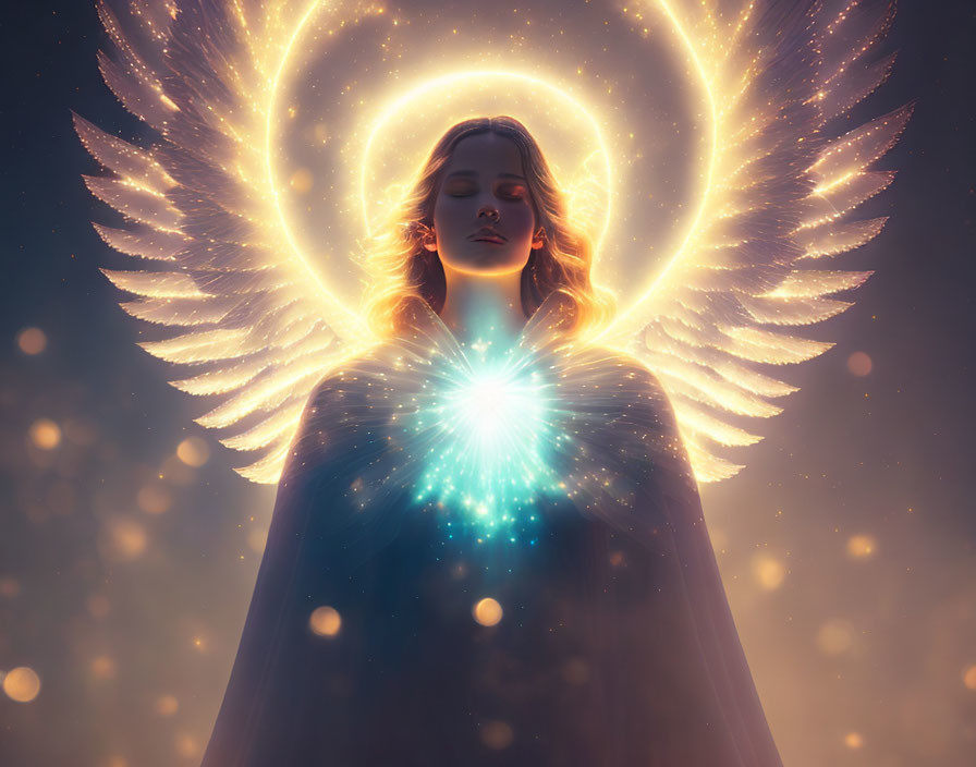 Celestial-themed artwork featuring a serene woman with luminous wings and a halo