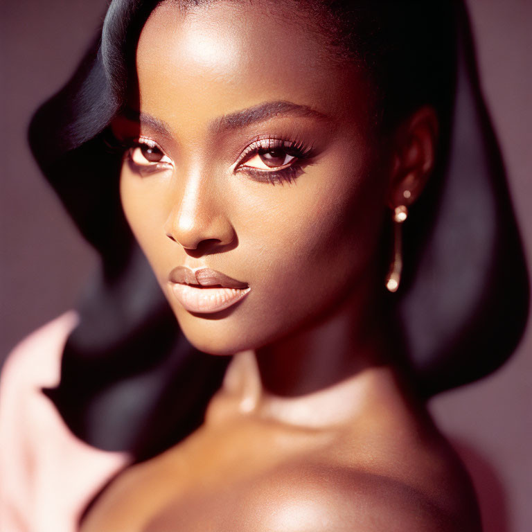 Close-up portrait of woman with striking makeup and earrings in elegant pose.