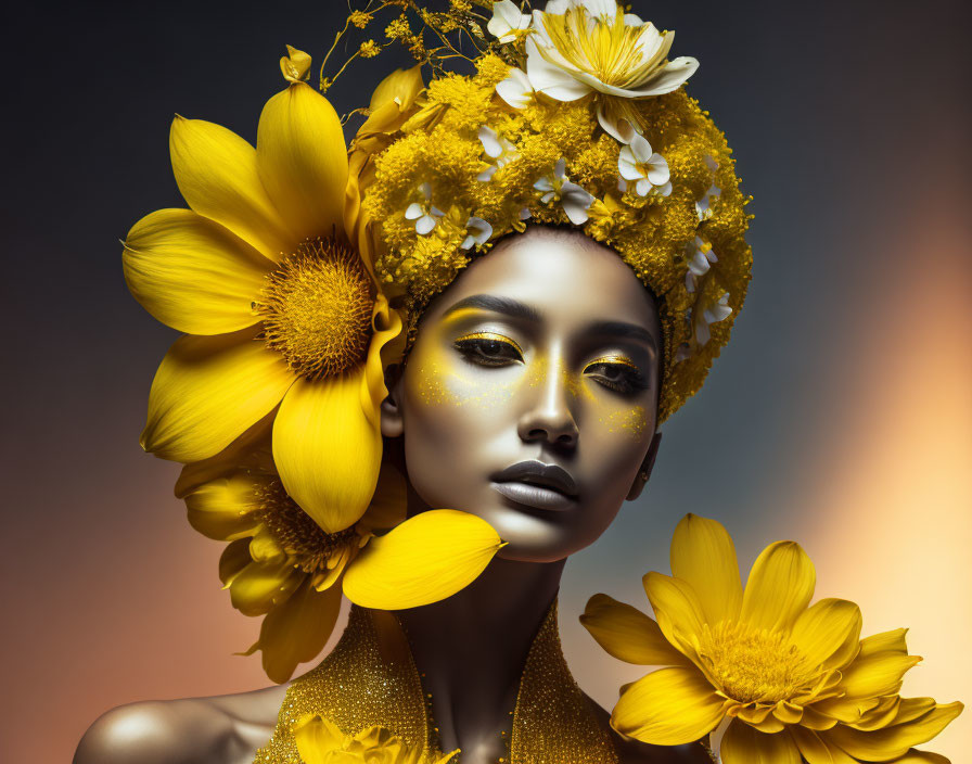 Woman with Golden Makeup and Sunflower Headpiece on Gradient Background