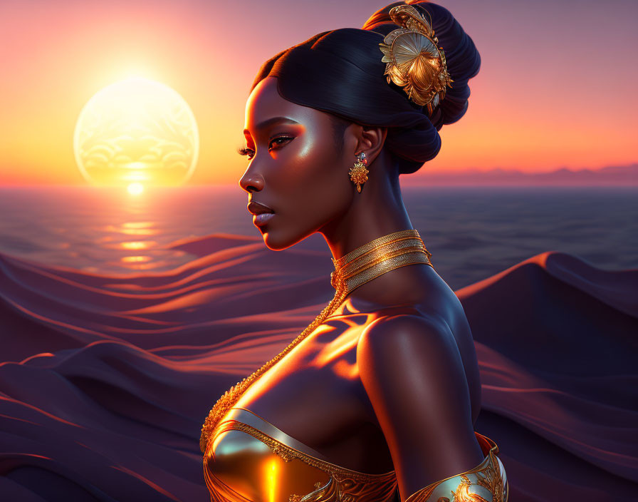 Woman in Golden Attire Gazing at Desert Sunset Artwork