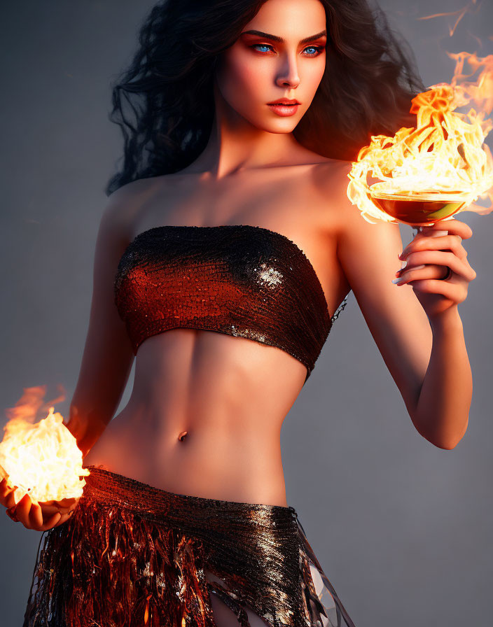 Blue-eyed woman holding fire in sequined outfit