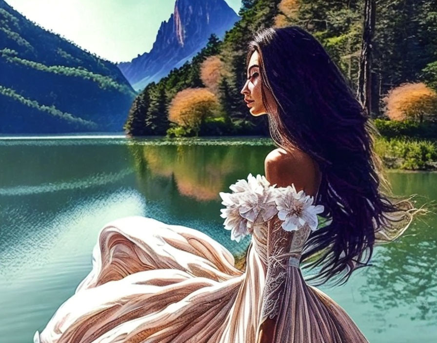 Woman in flowing dress by serene lake with autumn scenery