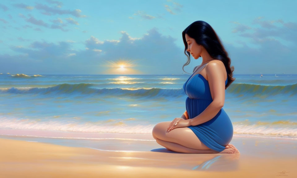 Tranquil beach scene with woman in blue dress watching sunset