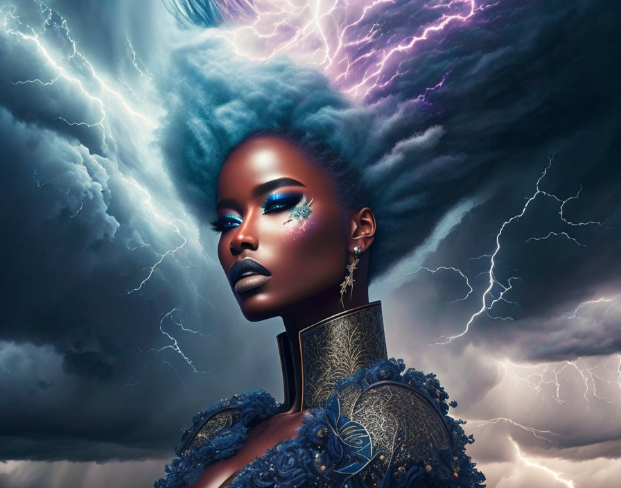 Woman with Bold Blue Makeup Against Dark Clouds and Lightning