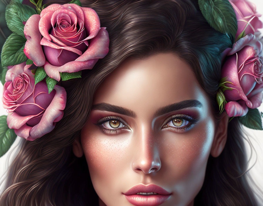 Woman with Pink Rose Hair Illustration: Green Eyes, Flawless Skin, Freckled Complex