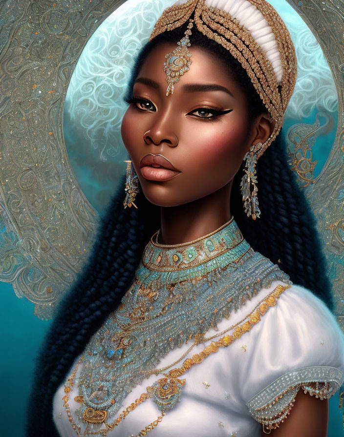 Detailed digital portrait of a woman with white and gold headdress, jewelry, and regal expression on