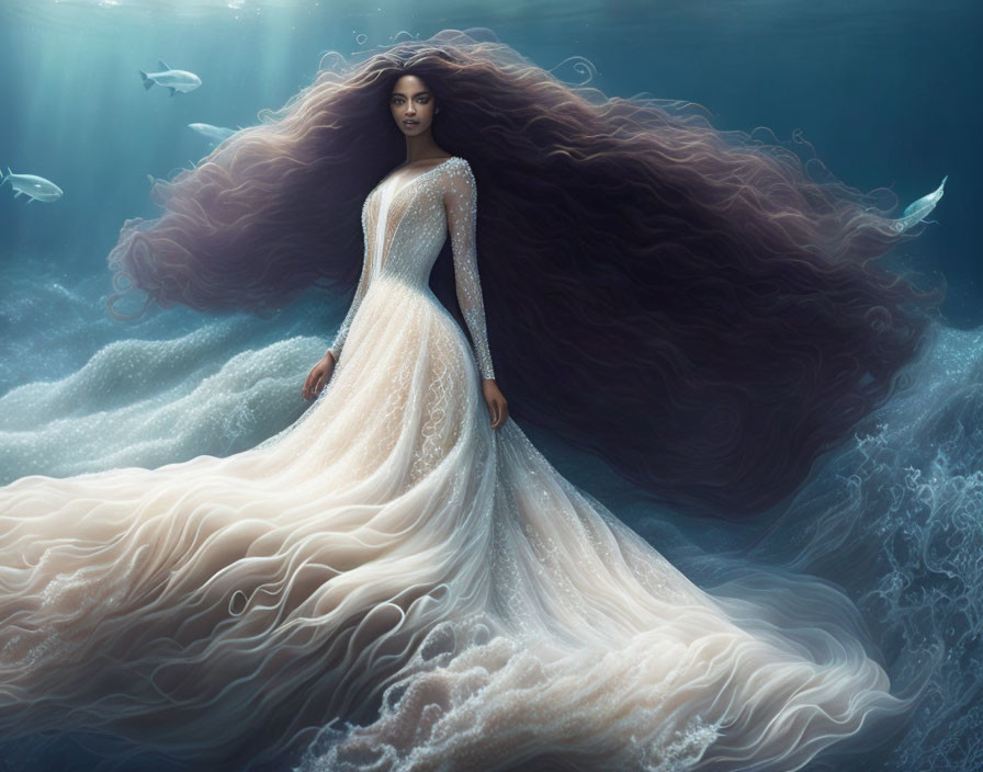 Woman in flowing gown with ocean foam train, underwater scene with fish.