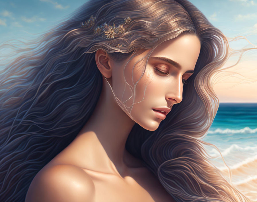 Profile view of serene woman with flowing hair and floral adornments against beach backdrop