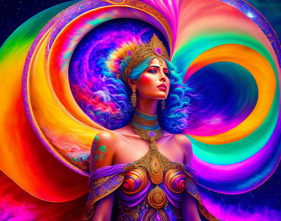 Colorful digital artwork of woman with intricate headgear on cosmic rainbow backdrop