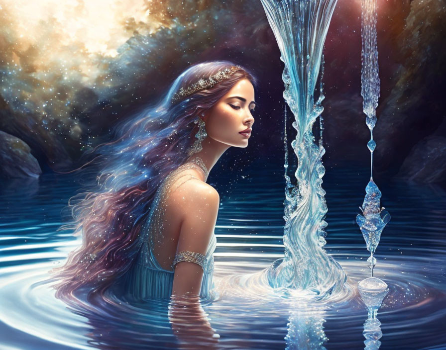 Woman with flowing hair bathes under starlight beside crystal water column