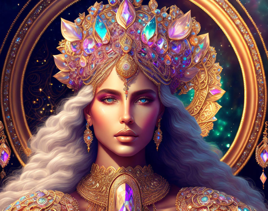 Illustration of woman in ornate golden crown with cosmic background