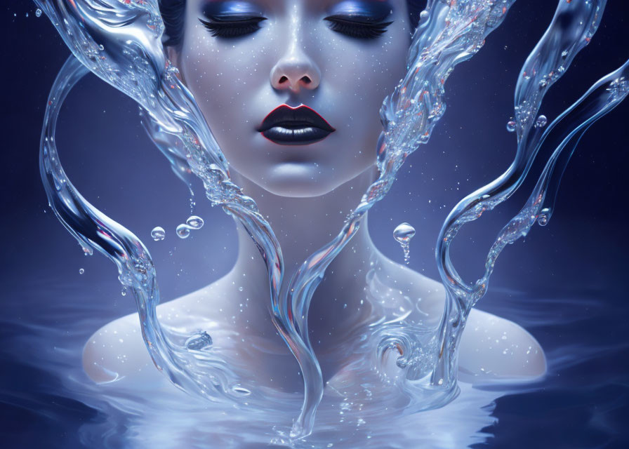 Digital artwork: Woman's serene face with water tendrils on dark blue background