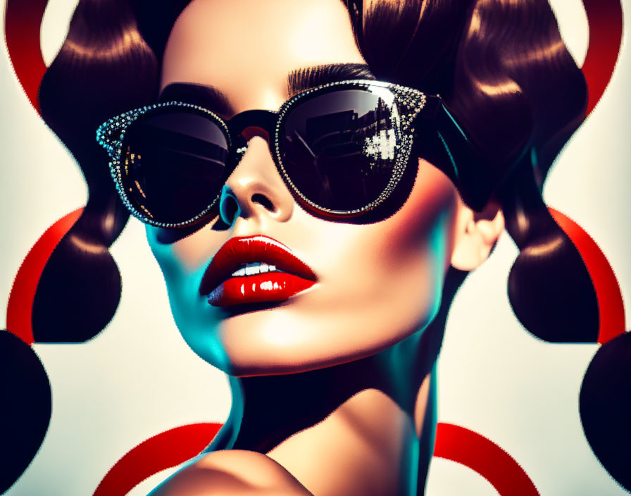 Fashionable Woman with Red Lipstick and Sunglasses on Abstract Red and Black Background