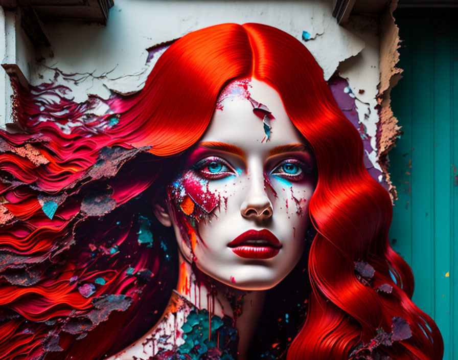 Vibrant painting of woman with red hair and blue eyes in dynamic style