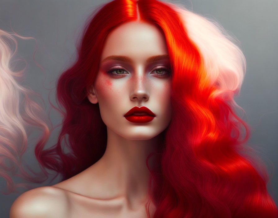 Vibrant red hair and makeup on a grey background