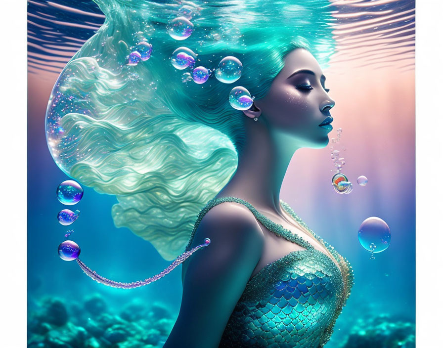 Colorful Mermaid Illustration with Flowing Hair and Glistening Scales