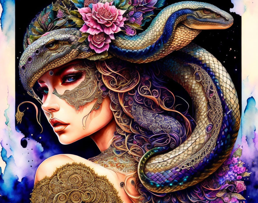 Colorful woman with snake features and tattoos in cosmic setting