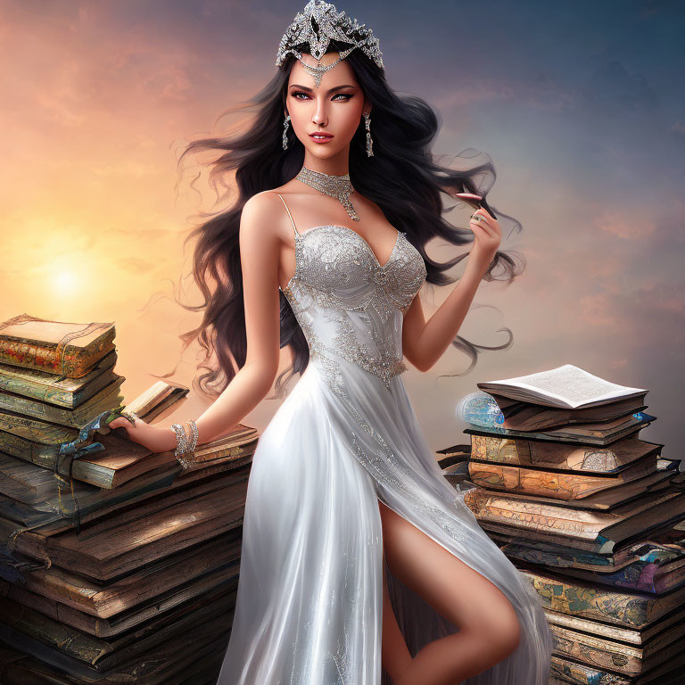 Fantasy illustration of woman in white dress with crown near ancient books