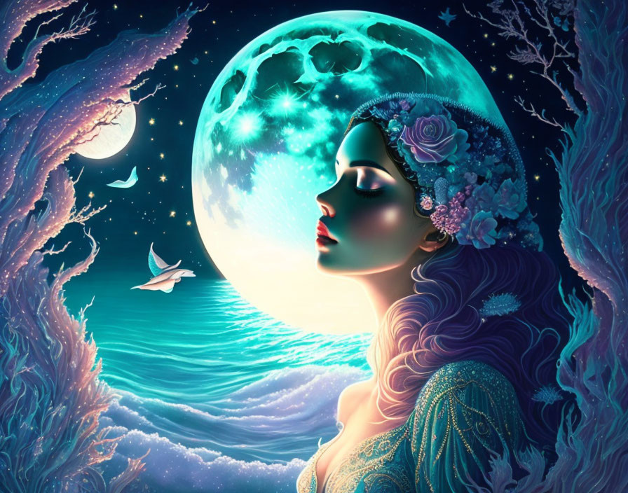 Illustration: Woman with floral crown under full moon, surreal trees, bird in flight