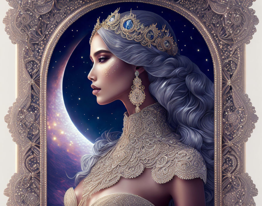 Silver-haired woman in gold crown gazes solemnly in ornate mirror with cosmic backdrop