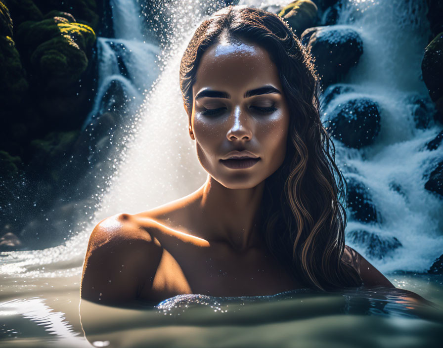 Woman with closed eyes in water near sunlit cascade with water droplets.