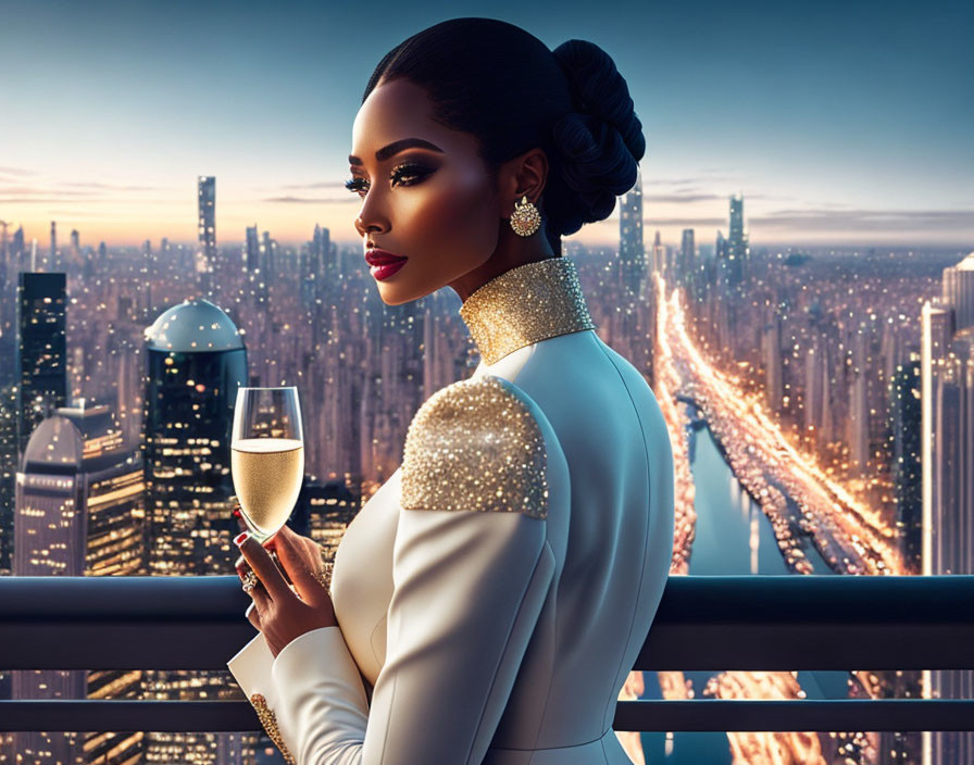 Sophisticated woman in white dress overlooking cityscape at dusk