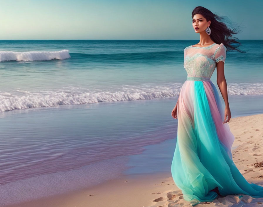 Woman in Multicolored Dress on Beach with Wind-Blown Hair