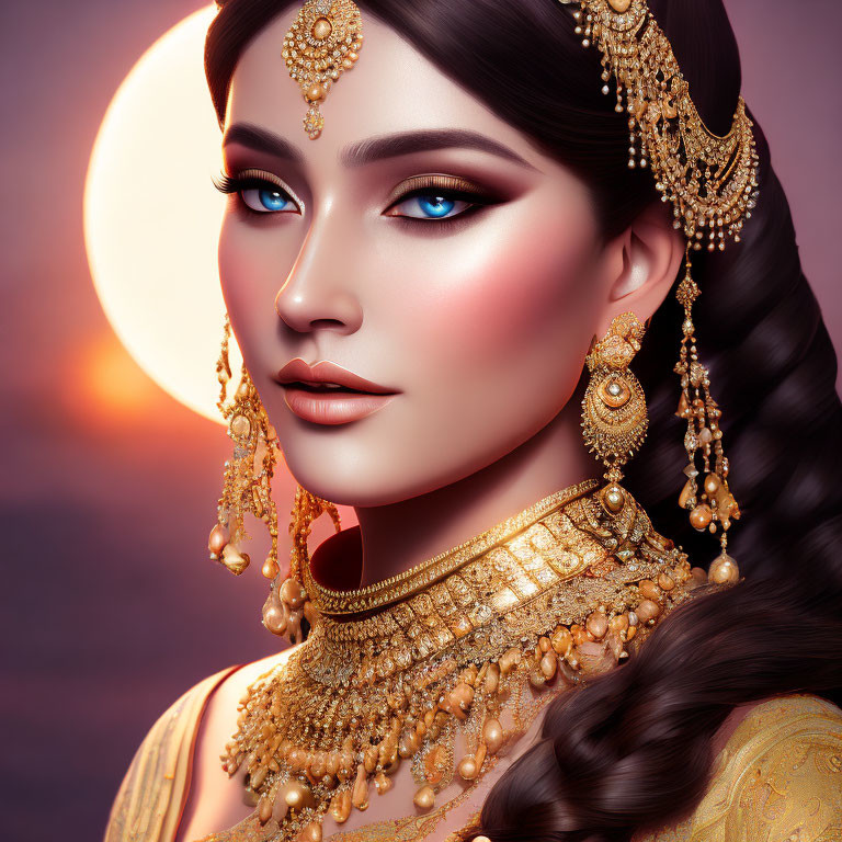 Intricate gold jewelry adorns woman in moonlit digital artwork