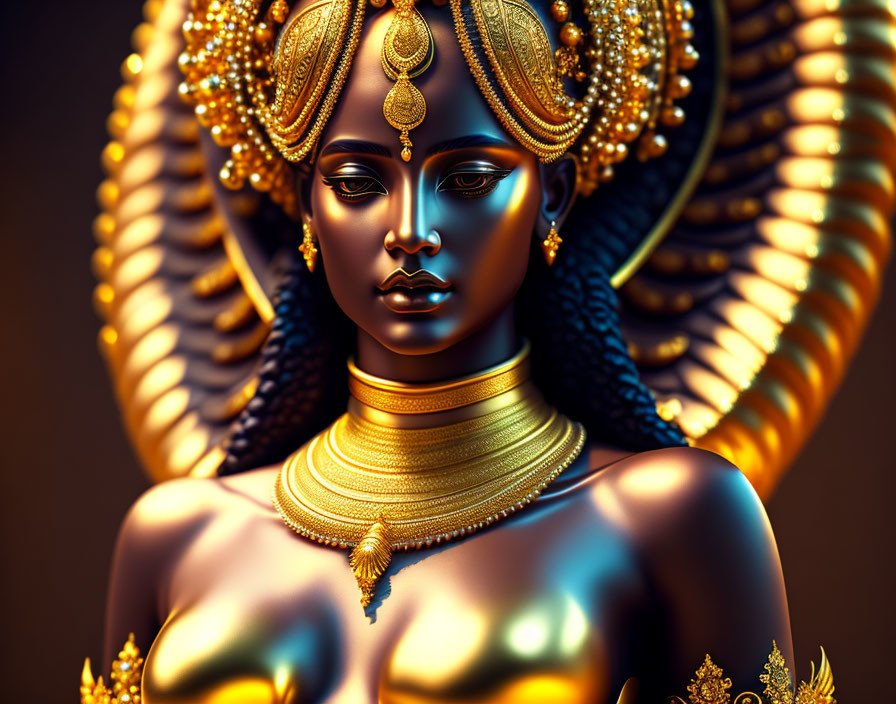 Detailed 3D illustration of a regal woman with gold jewelry and blue skin.