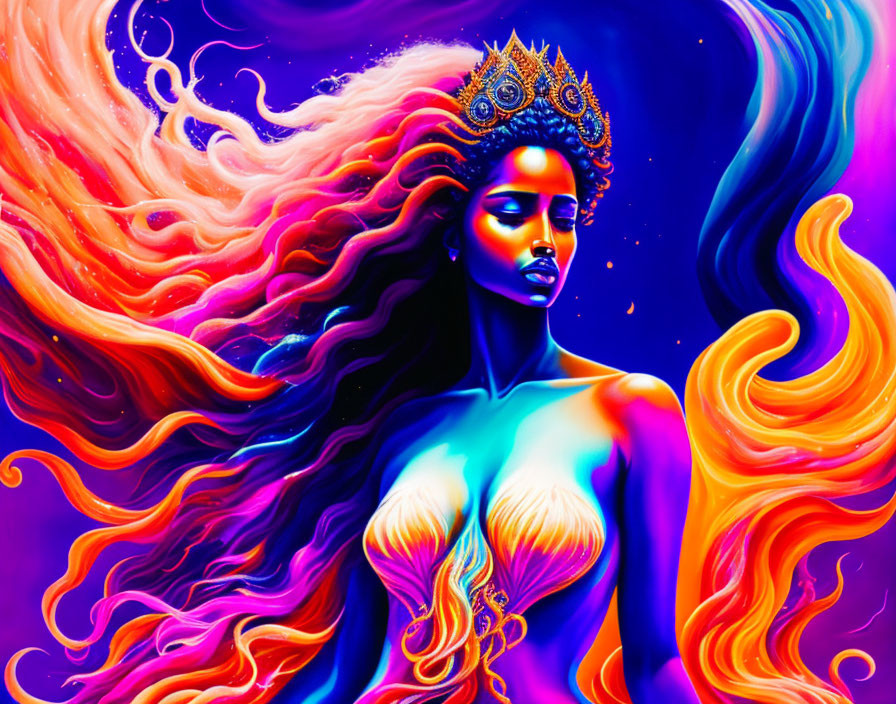 Colorful Illustration: Woman with Flowing Hair & Cosmic Crown