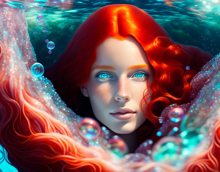 Vivid digital portrait of woman with blue eyes and red hair in water