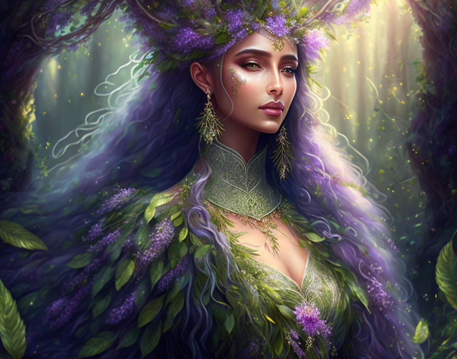 Ethereal woman adorned with purple flowers in magical forest