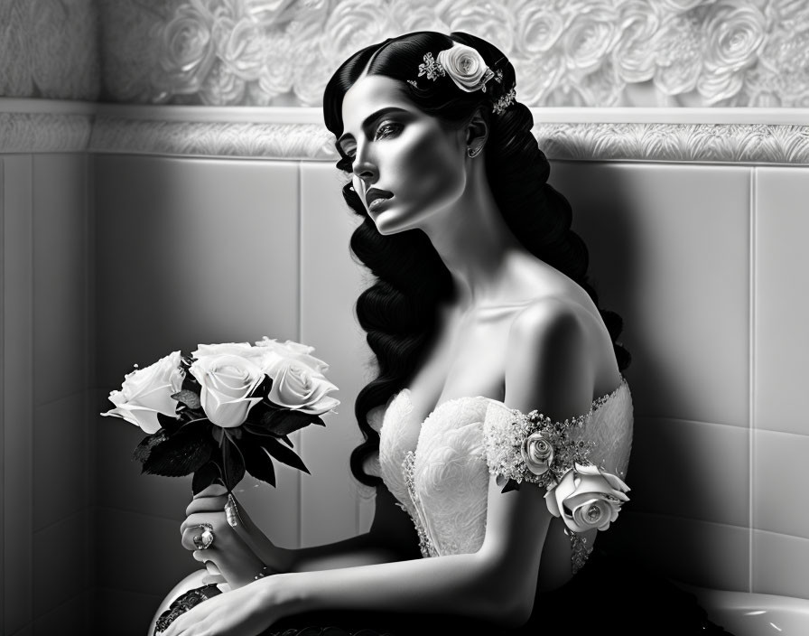 Monochromatic bride with sophisticated updo, floral adornments, and rose bouquet in strapless gown