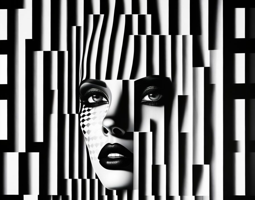 Monochromatic woman's face fragmented by vertical stripes