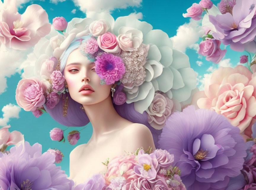 Surreal portrait of pale-skinned person with oversized pastel flowers