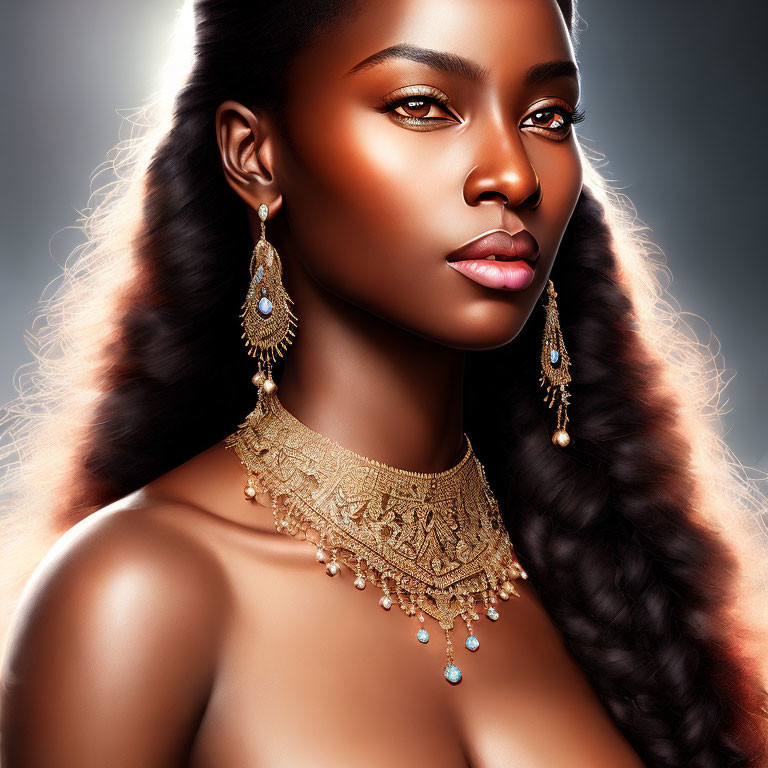 Woman's Portrait with Glowing Skin and Elegant Gold & Turquoise Jewelry