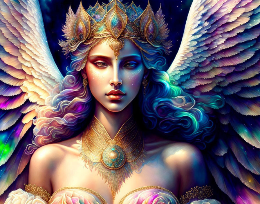 Fantasy female figure with white wings and multicolored hair in jeweled crown