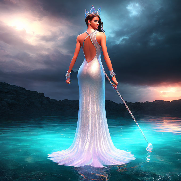 Graceful woman in shimmering dress with scepter on water at dusk