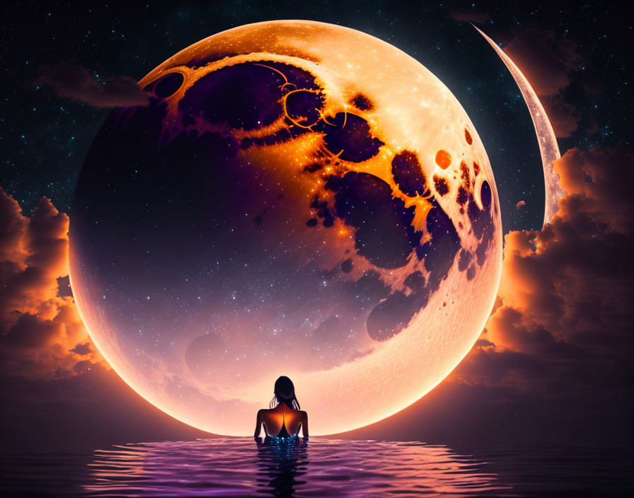 Person Contemplating Vast Ocean with Detailed Moon and Twilight Sky