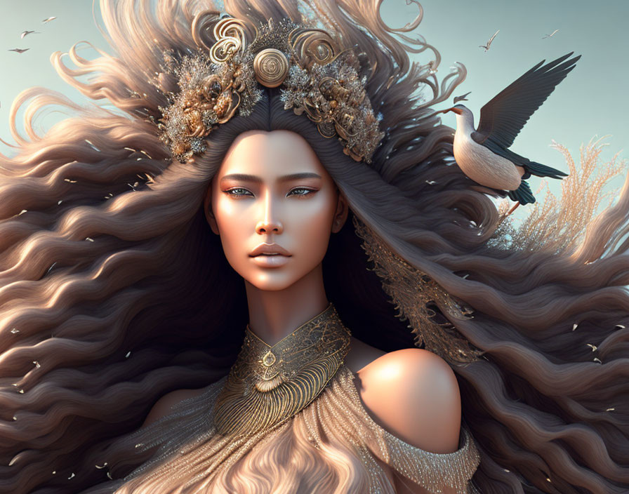 Woman with flowing hair and gold accessories beside a bird in serene earth-toned scene