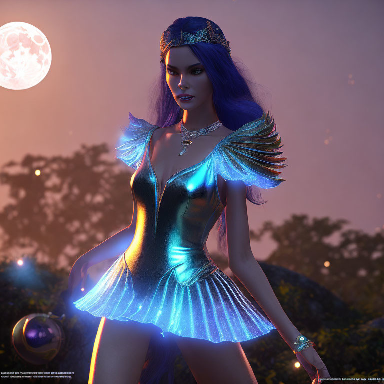 Blue-haired female figure in futuristic attire under full moon