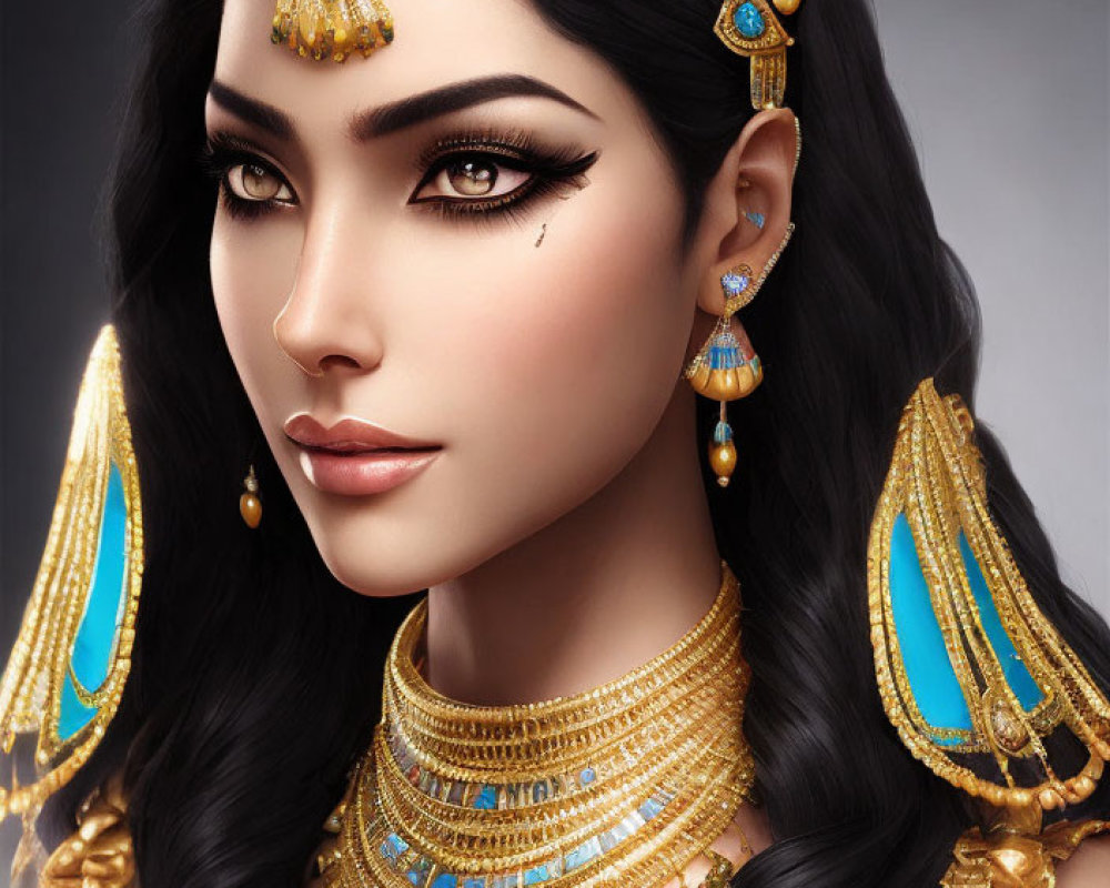 Digital portrait of a woman styled as an Egyptian queen with ornate gold jewelry and dramatic eye makeup