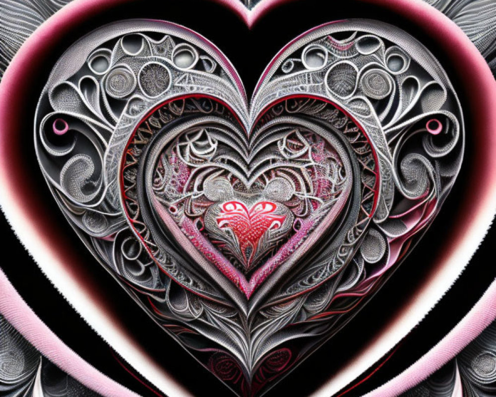 Fractal image of layered hearts in black, white, and pink swirls