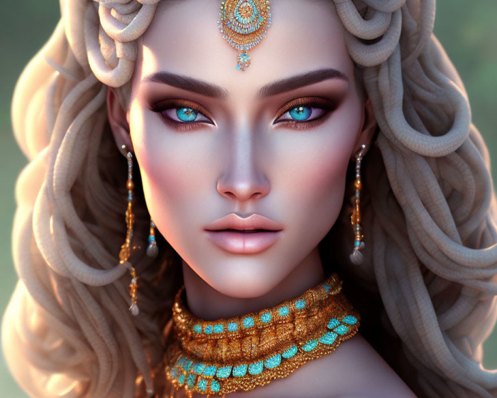 Detailed portrait of woman with turquoise eyes, gold jewelry, and braided hair