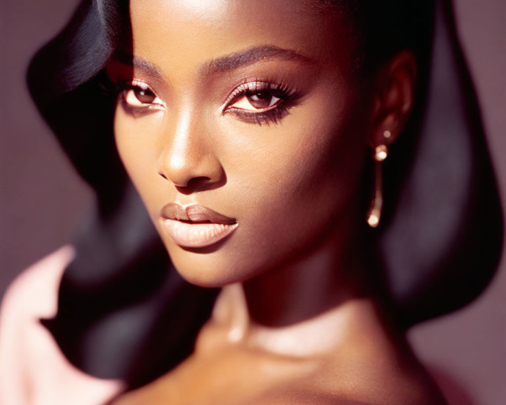 Close-up portrait of woman with striking makeup and earrings in elegant pose.