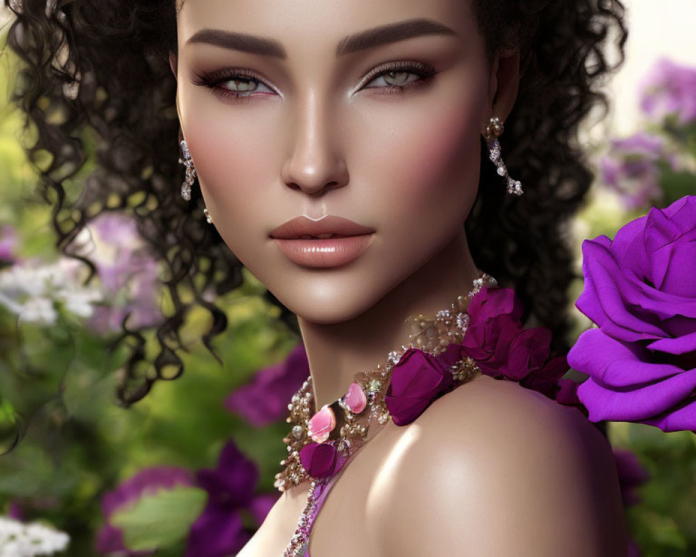 3D-rendered image: Woman with curly black hair and green eyes, wearing elegant jewelry, on