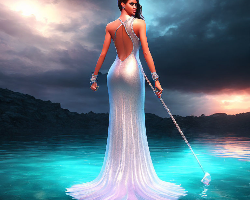 Graceful woman in shimmering dress with scepter on water at dusk