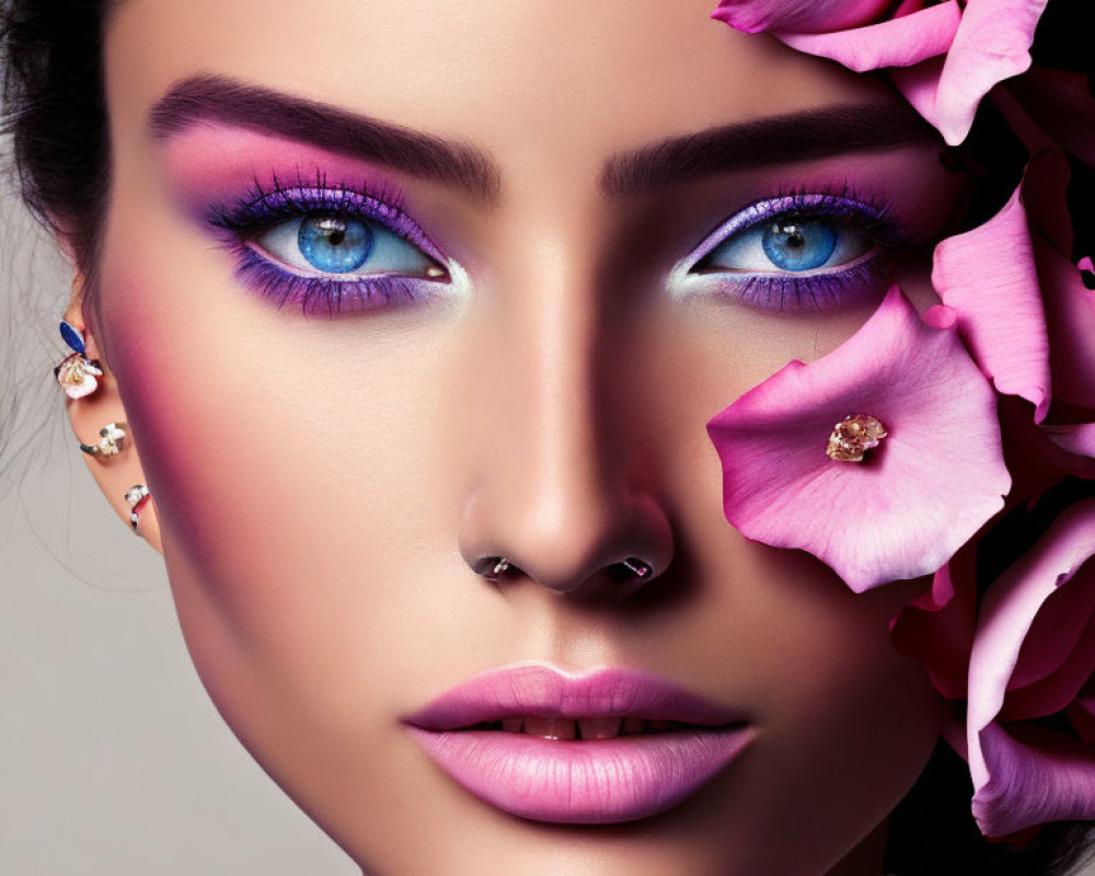 Woman with Striking Blue Eyes and Purple Eyeshadow Amid Pink Flowers