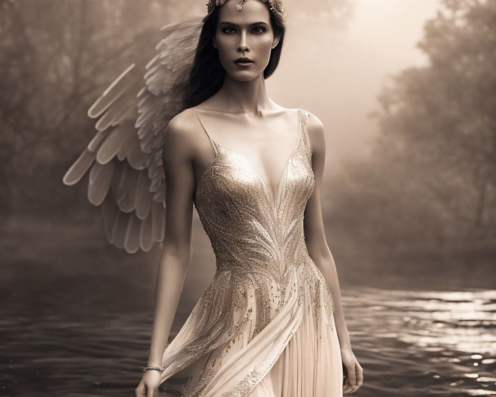 Woman in angel wings and golden dress standing in misty water